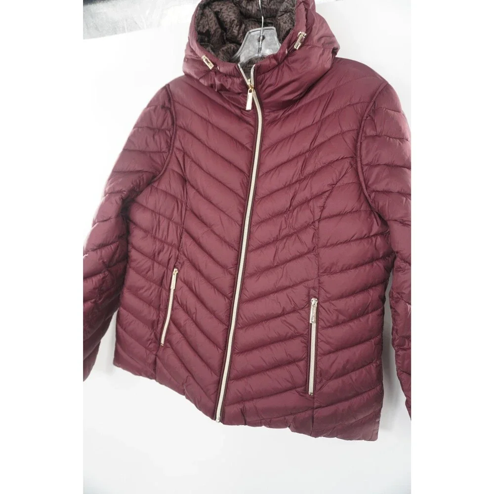 Michael Kors MK Women's Size M Reversible Monogram/Burgundy Puffer Hooded Jacket